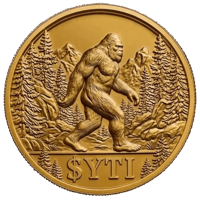 SkookCoin $YTI — rotating engraved gold coin featuring a sasquatch walking through a pine forest with mountains behind